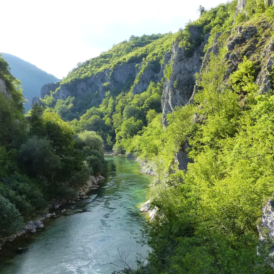 Priezračná rieka vedená kaňonom v zelenej horskej krajine